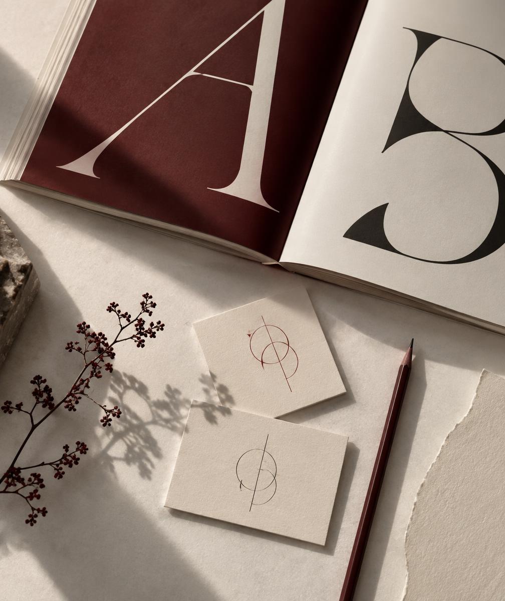 Editoriale Markenpräsentation mit Typografie und Visitenkarten